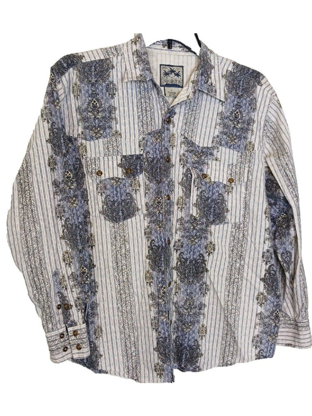 Indigo Joe Shirt Mens Size L Western Snap Long Sleeve Floral Stripe Blue Gray N8
